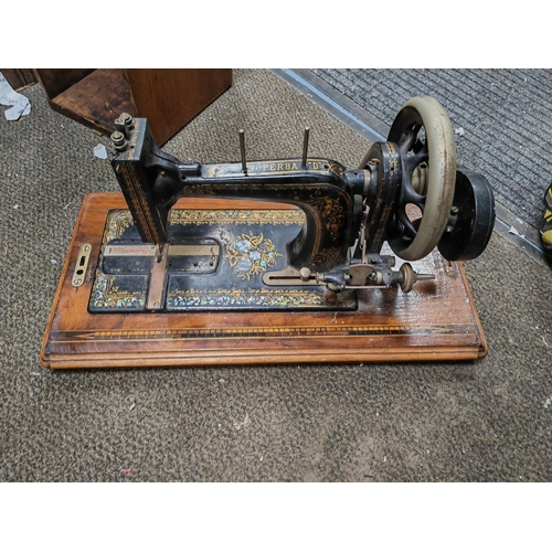 702 - Singer Sewing Machine In Wooden Inlaid Case