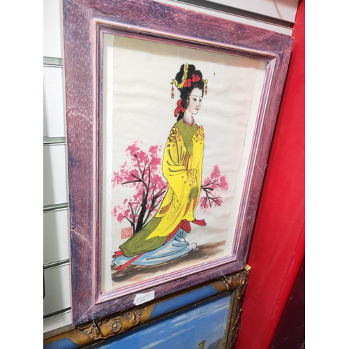 120 - Framed Oriental Print On Silk