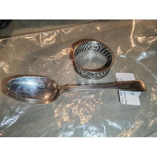 329 - 2 Silver Items Napkin Ring And 1 Spoon