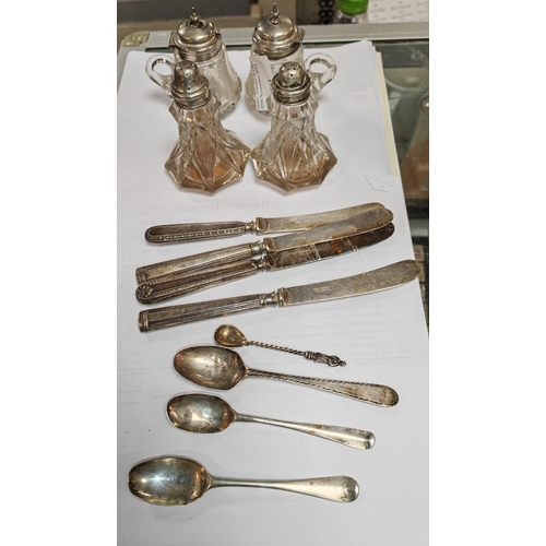 553 - 2 Silver Topped Cruet/Mustard Sets Plus 4 Silver Handled Butter Knives Plus 4 Silver Small Spoons