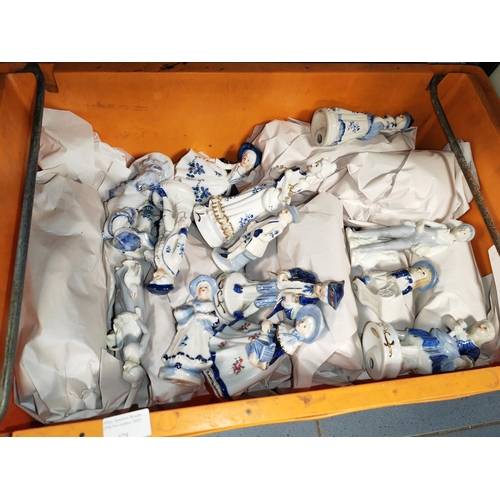 629 - Large Crate Of 36 Blue And White China Figurines