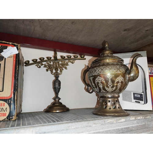 134 - Jewish Brass Candlestick, Turkish Brass Spirit Burner Teapot, Plus A Silver Plated And Glass Tray