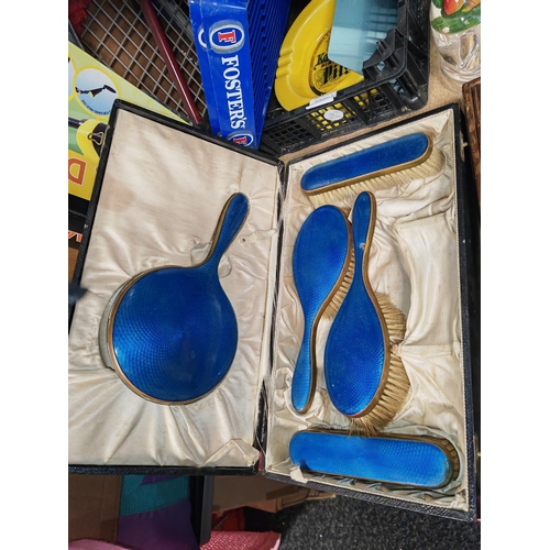 158 - Blue Engine Turned Dressing Table Set (Missing Comb) In Case