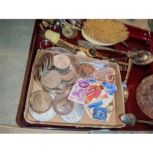 354 - Job Lot Of Treasures, Tongs Coins, Stamps, Silver Top Perfume Both