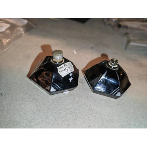 372 - Pair Of 1930'S Black Glass Scent Bottles One Missing Stopper