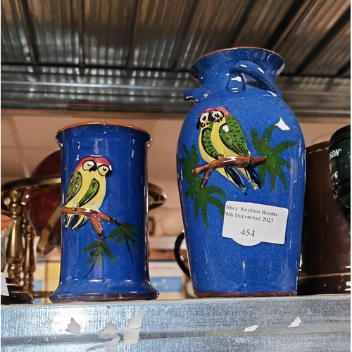 454 - 2 Torquay Ware Parrot Patterned Vases