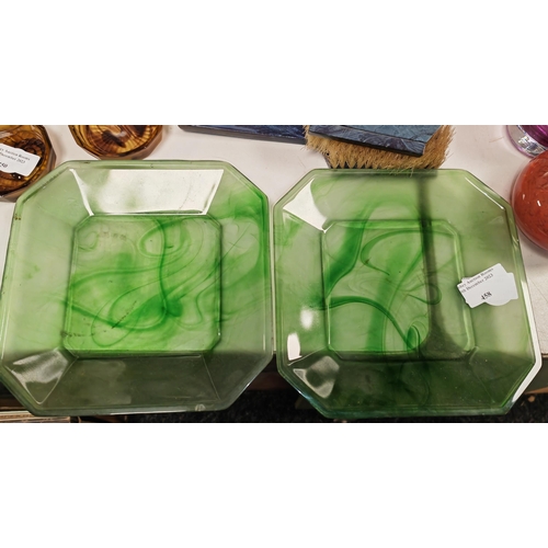 458 - Pair Of Green Davidson Cloud Glass Plates