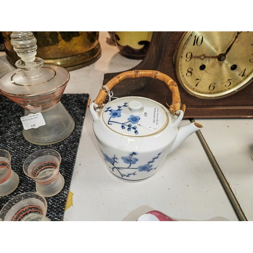 463 - Oriental White And Blue Teapot With Bamboo Handle