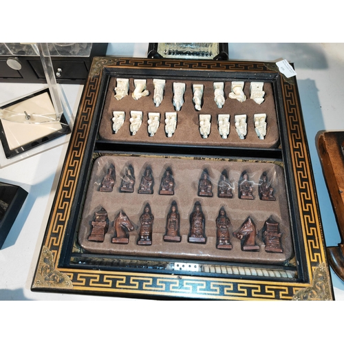 539 - Chess Set With Board Compendium Set In Cabinet With Brass Bound Corners