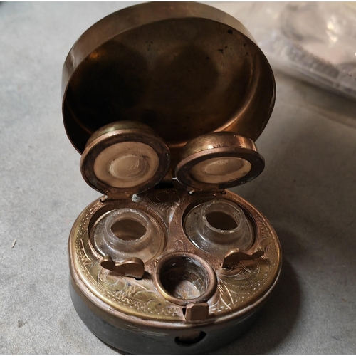 375 - Vintage Brass Double Ink Well With Original Bottles