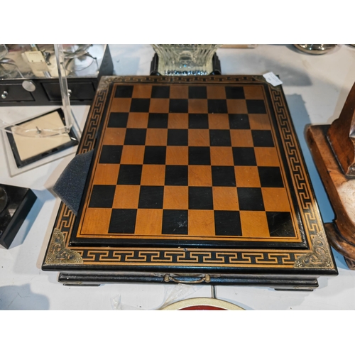 539 - Chess Set With Board Compendium Set In Cabinet With Brass Bound Corners