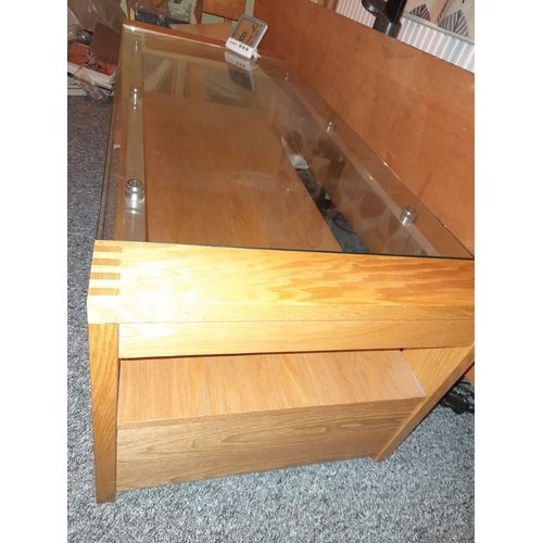 728 - Light Oak And Glasd Coffee Table With Drawers