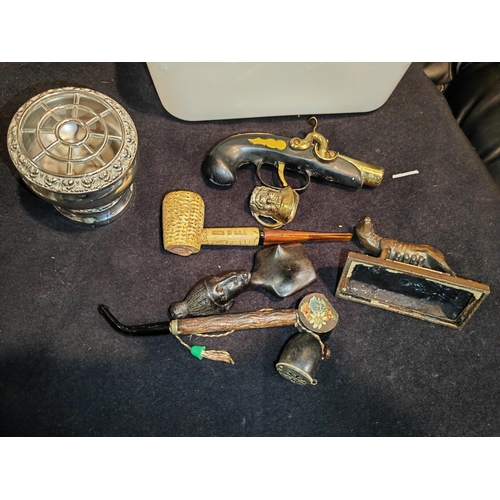 297 - Tub Of Treasures Including Pipes, Gun Lighter, Plus A Spor Roma Wolf Ornament Etc