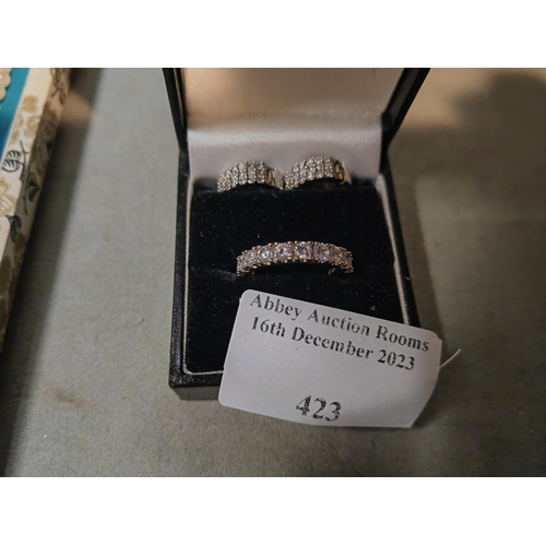 423 - Solid Silver Bling Ring Size L 1/2 With Matching Silver Earrings