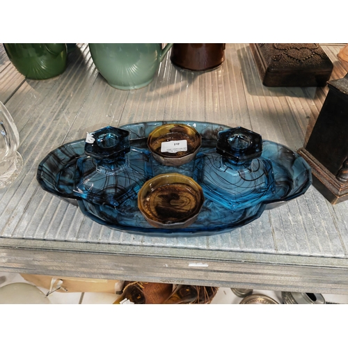 465 - Pair Of Blue Davidson Cloud Glass Candle Holders + 2 Brown Cloud Glass Pin Dishes X All Minor Chippi... 