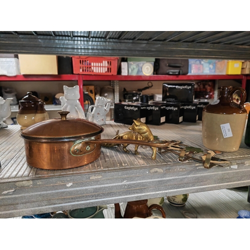 540 - Copper Pan And Metal Utensil Rack And Heavy Brass Fox