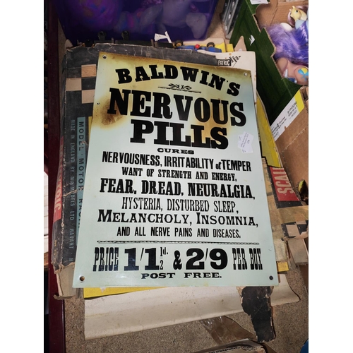 118 - Tin Plate Vintage Baldwins Nervous Pills Cures Sign