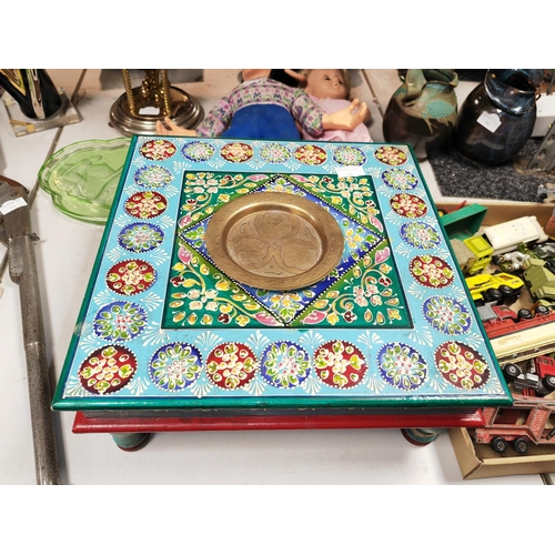 372 - Small Asian Patterned Stool And A Brass Asian Patterned Tray