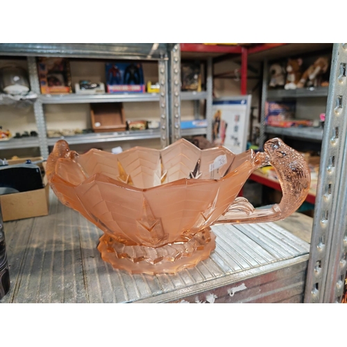 416 - 1930'S Orange Glass Deco Bowl With Handles As Budgerigar Handles Crack To Base