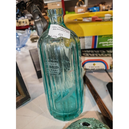 421 - Victorian Turquoise Coloured Glass Soda Syphon Marked Shaw & Sons Has A Crack And Shelf Ware