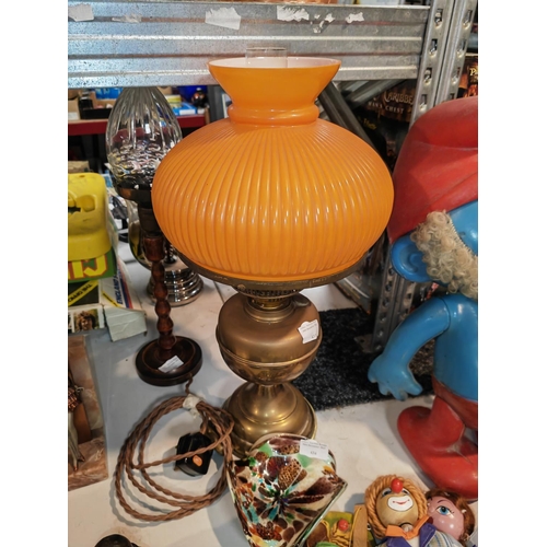 433 - Brass Oil Lamp With Orange Glass Shade