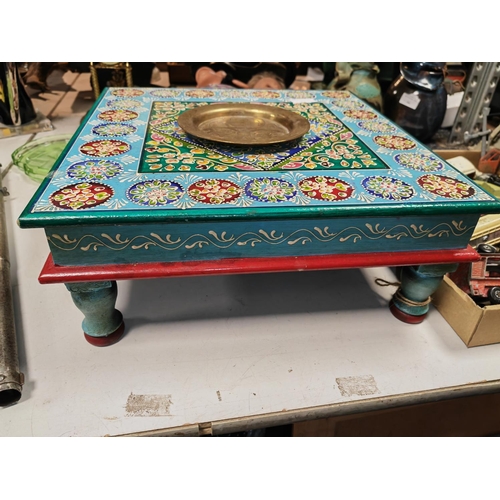 372 - Small Asian Patterned Stool And A Brass Asian Patterned Tray