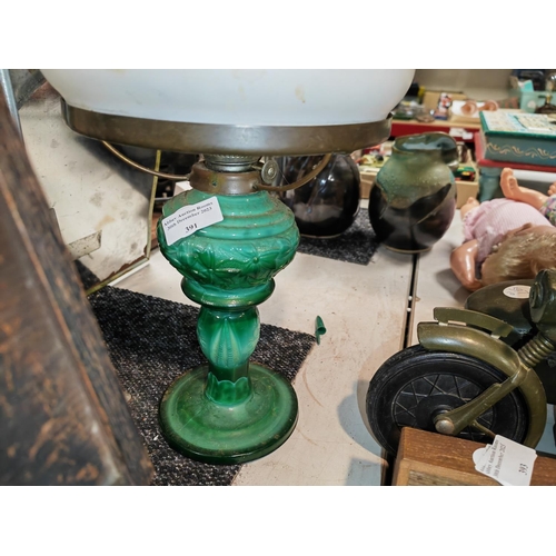 391 - Malachite Glass Lamp Base With Wick Plus Shade Circa 1900-1920