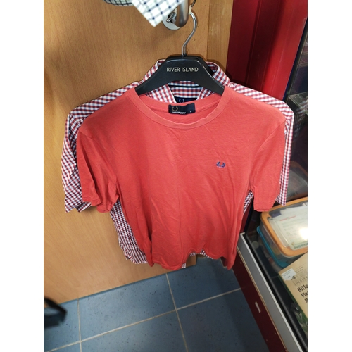 530 - 2 Fred Perry Checked Shirts, Large Slim Fit & Medium, Plus Red T-Shirt Size Medium