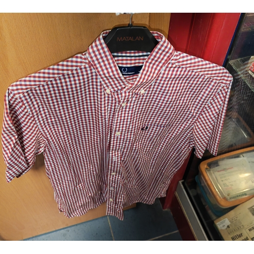 530 - 2 Fred Perry Checked Shirts, Large Slim Fit & Medium, Plus Red T-Shirt Size Medium