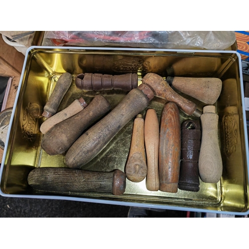 147 - Tin Of Tools And Wooden Handles Etc