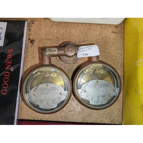 170 - Vintage Brass Double Pressure Gauges Negratti & Zambra