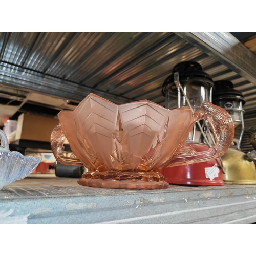 441 - 1930'S Orange Glass Deco Bowl With Handles As Budgerigar Handles Crack To Base