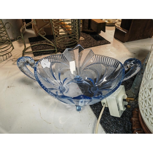 464 - 1930'S Blue Glass Bowl With Stylised Swans Head Handles