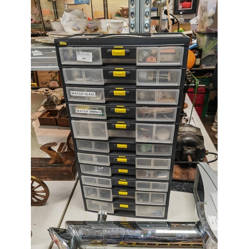 489 - Plastic Stanley Storage Box Full Of Watch And Clock Spares And Others