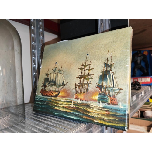 585 - Small Oil On Canvas Of A War Ship Signed J W