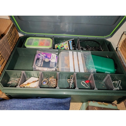 171 - Small Box Of Fishing Items Plus Wooden Fishing Reel Missing It'S Handles And A Case Of Floats