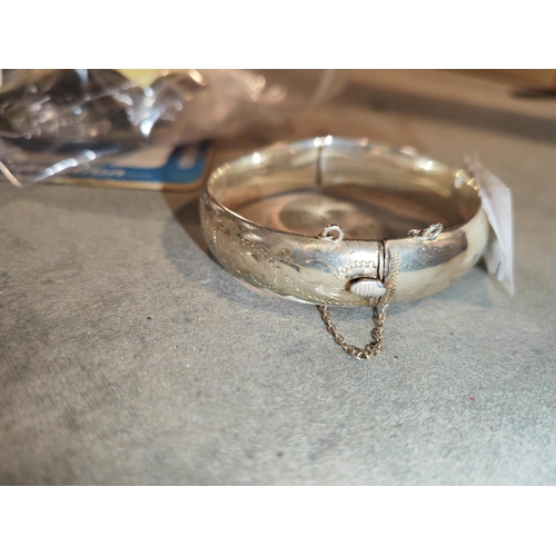 356 - Old Silver Bangle With Safety Chain