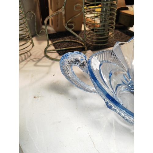 464 - 1930'S Blue Glass Bowl With Stylised Swans Head Handles