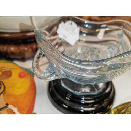 468 - 1930'S Blue Glass Bowl With Frog And Black Glass Base Handles As Elephants Heads And Trunks