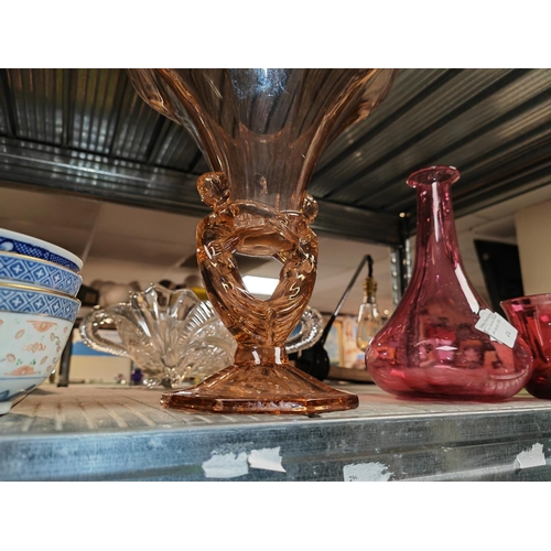 473 - 1930'S Orange Coloured Glass Vase 2 Female Designs Holding Up