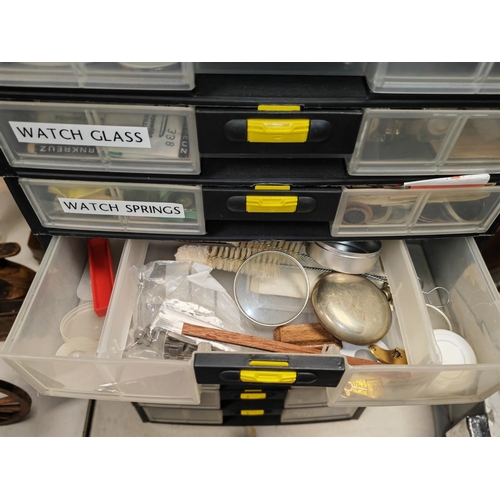 489 - Plastic Stanley Storage Box Full Of Watch And Clock Spares And Others