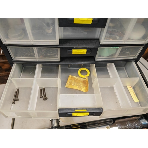 489 - Plastic Stanley Storage Box Full Of Watch And Clock Spares And Others