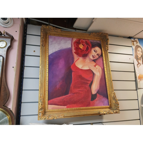 545 - Large Gilt Framed Print Of A Lady In Red Dress