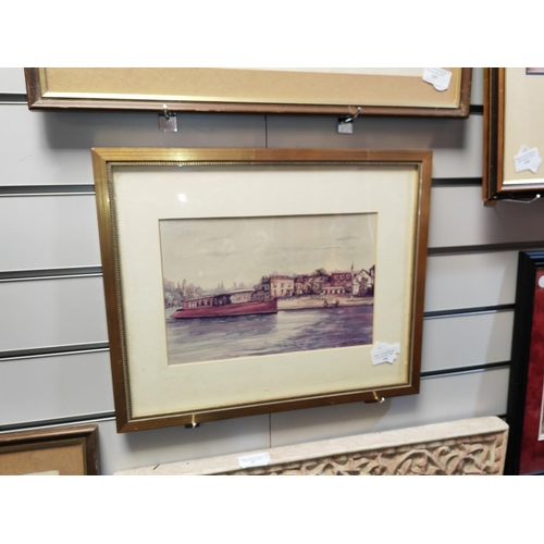 106 - Framed Watercolour Of A Pleasure Boat Going Up River