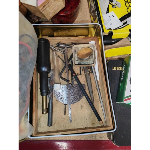 168 - Tin Of Tools And Wooden Handles Etc
