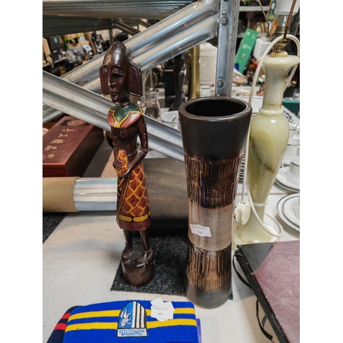 424 - African Lady Figurine Plus A Earthenware Vase