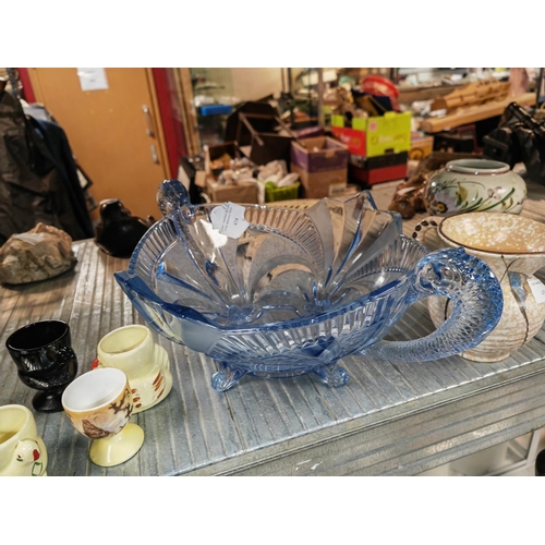 434 - 1930'S Blue Glass Bowl With Stylised Swans Head Handles