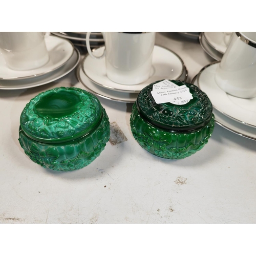 442 - Pair Of Green Malachite Glass Bowls With Lids Approx. 4