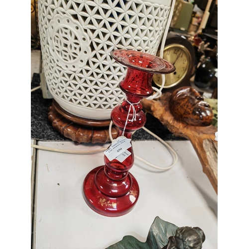 450 - Victorian Cranberry Glass Candle Holder Approx 9 1/2