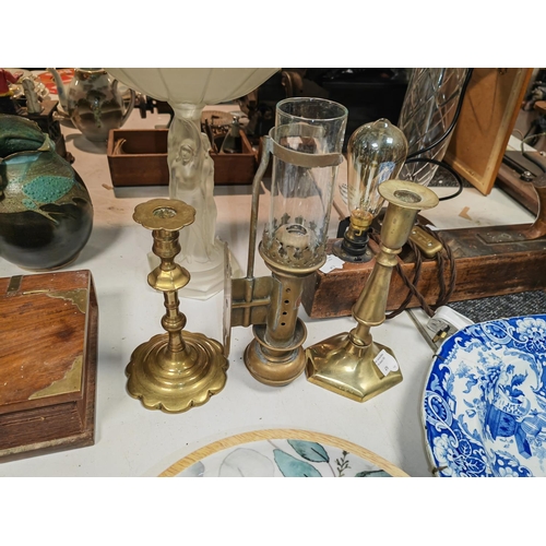 470 - 2 Brass Candle Sticks Plus A G W R Lamp (Top Missing)